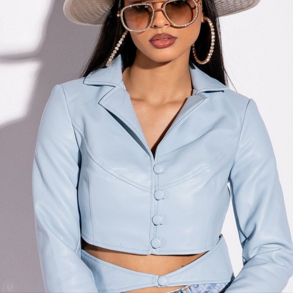 Callie on Clout: Cut Out Button Up Vegan Leather Blazer